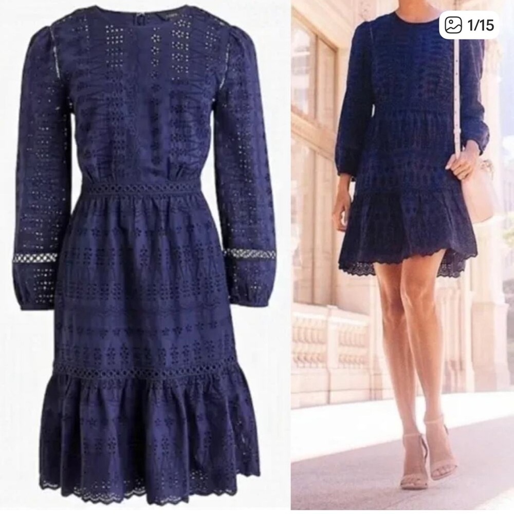 J.Crew navy blue eyelet long-sleeve flutter hem dress 100% cotton